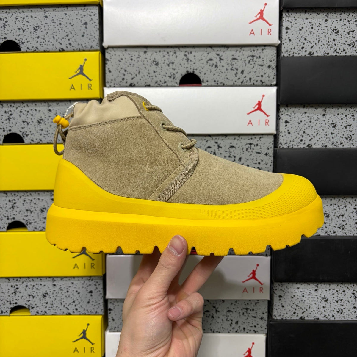 UGG Lace-Up Hiker Chukka Boot – Suede Boot with Yellow Lug Sole & Textured Midsole in Sand