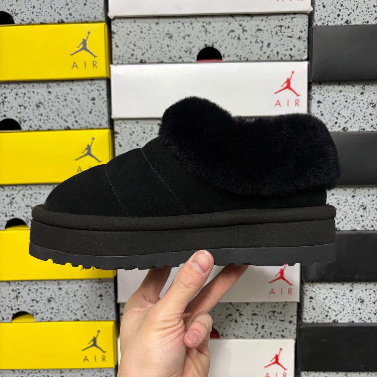 UGG Tazz Platform Slip-On Slipper – Suede Moccasin with Tonal Black Shearling Cuff & All-Black Platform Sole in Black