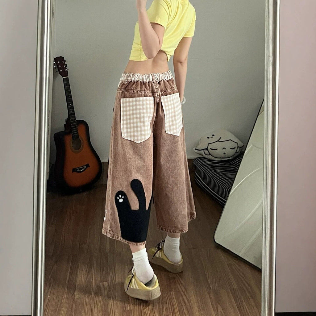 Fun Cartoon Patchwork Denim Capri Pants Loose Wide Leg Mid Jeans