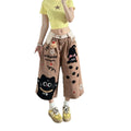 Fun Cartoon Patchwork Denim Capri Pants Loose Wide Leg Mid Jeans