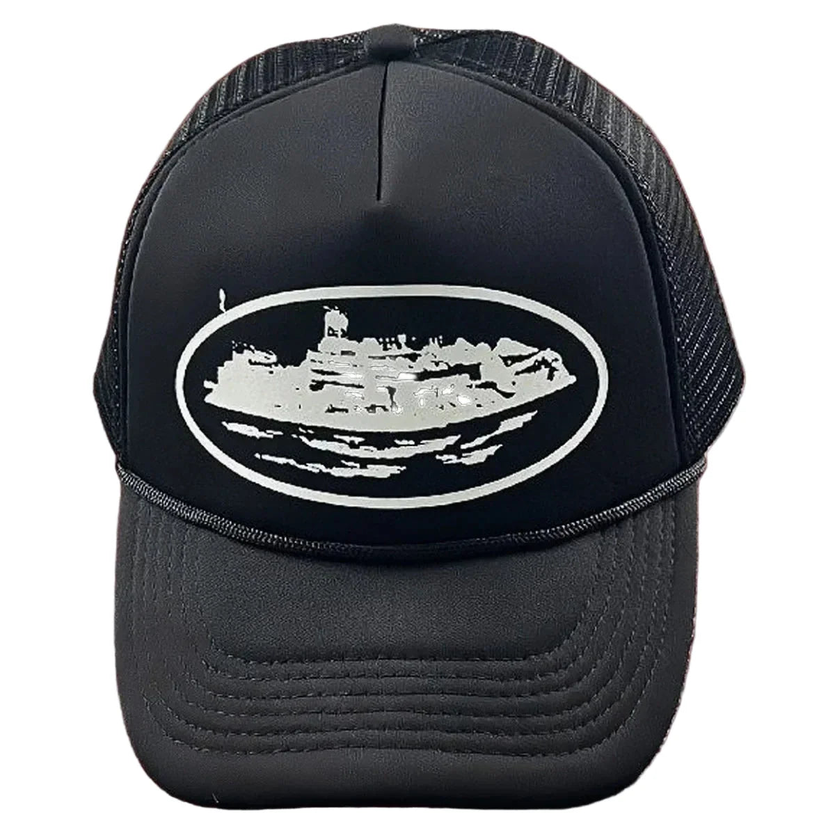 Cortiez Bold White Oval Ship Logo Trucker Hat - Black