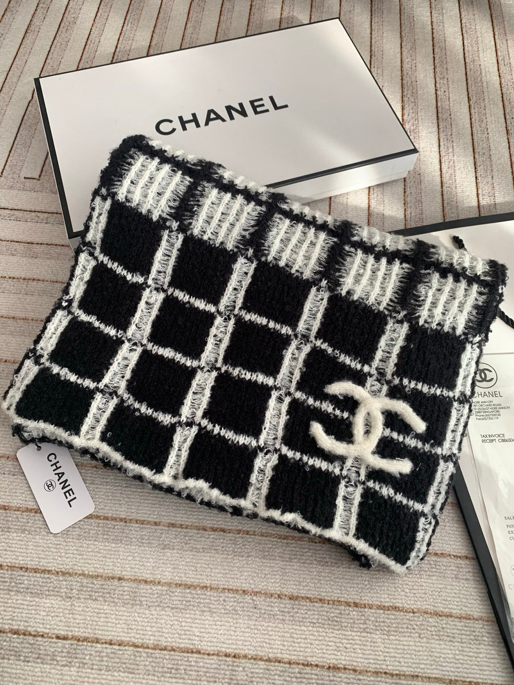 Chanel Style Fuzzy Windowpane Plaid Scarf