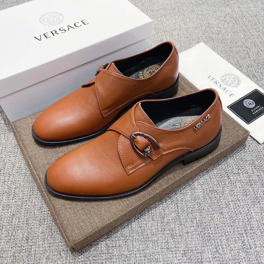 Versace Men's Tan Brown Metal Detail Slip-On Shoes
