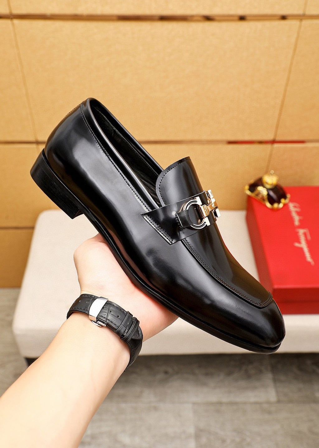 Ferragamo Black Buckle Loafers - Metallic Vamp Buckle