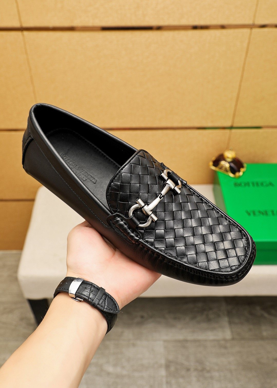 Bottega Veneta Black Woven Bit Driving Loafers