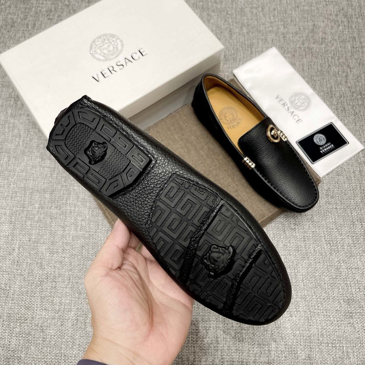 Versace Black Textured Slip-On Loafers