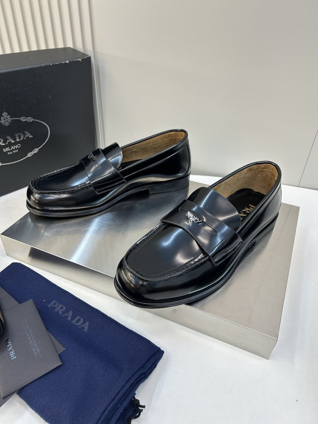 Prada Black Glossy Moc-Toe Loafers