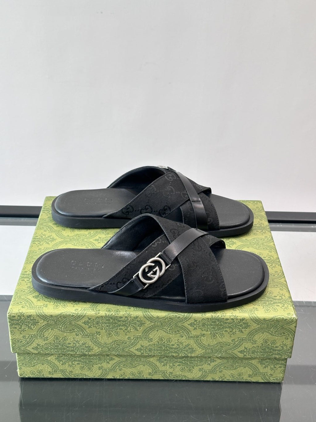 Gucci Gray and Black Cross-Strap Slide Sandals