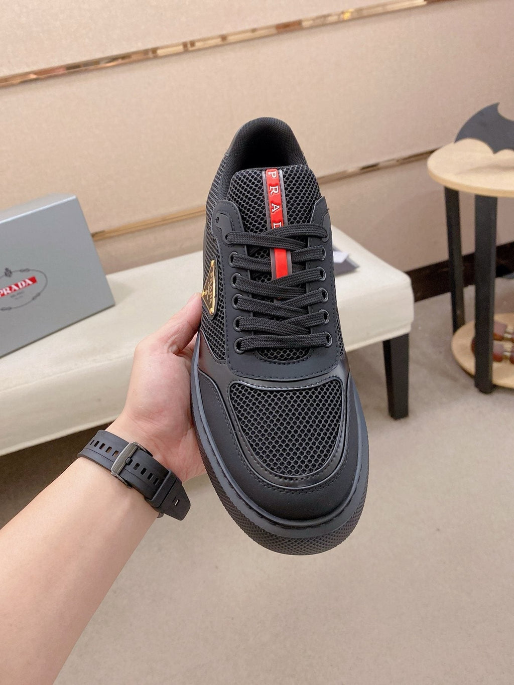 Prada Men's Red Accent Low-Top Sneakers